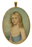 Portrait miniature of a girl, half length, in a white dress with a blue sash Signed and dated 1794 Oval, in a gilt frame with a hair back 78 x 60mm by J.S. Penny, 1794, watercolor, sold Mar 2018