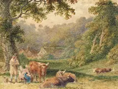 A family milking cattle, a farmstead beyond Watercolour 9.75 x 13cm; 3½ x 5in by Robert Hills, Watercolour, sold Mar 2018