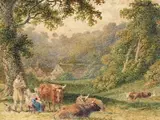 A family milking cattle, a farmstead beyond Watercolour 9.75 x 13cm; 3½ x 5in by Robert Hills, Watercolour, sold Mar 2018