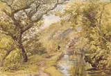 A figure on a path in a river landscape Signed and dated 1864 Watercolour 22.5 x 32cm; 9 x 12½in by Philip Mitchell, 1864, Watercolour, sold Mar 2018