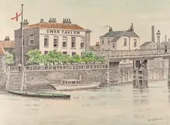 Swan Tavern by the Old Bridge and Toll House, Battersea Watercolour 35 x 48cm; 13¾ x 19in by Walter Greaves, Watercolour, sold Mar 2018