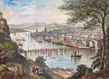 View over a busy river or estuary harbour town Signed Pen by George Chambers, Pen, ink and watercolour, offered Mar 2018