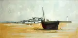 'Village in Cornwall' with a beached sailing boat, by Gerald Parkinson, oil on board,, sold Oct 2014