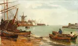 Littlehampton - coastal scene with windmill and beached boats by Edwin Hayes Rha, oil on board, sold Oct 2014