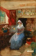 Ann Hathaway's Cottage; Mother and Child by the River; Fishing at Dusk by Thomas Mackay, watercolour, sold Oct 2014