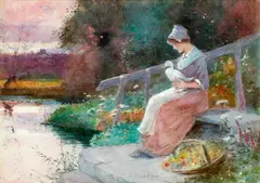 The Forest Stream; The Flower Picker with Duck; By the River at Dusk by Thomas Mackay, watercolour, sold Oct 2014