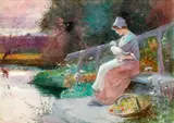 The Forest Stream; The Flower Picker with Duck; By the River at Dusk by Thomas Mackay, watercolour, sold Oct 2014