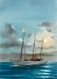 The SY Thistle by moonlight by Tommaso de Simone, gouache, sold Oct 2014