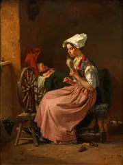 Young woman spinning at a child's bedside by François-Louis Lanfant de Met, oil on panel, sold Oct 2014