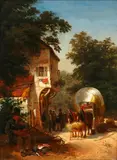 Travellers and a haycart outside an inn by Eduard Gustav Seydel, oil on canvas, sold Oct 2014
