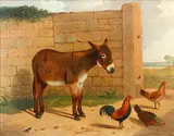 A Donkey and chickens by Robert Harrington, oil on canvas, offered Oct 2014