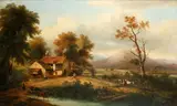 Cattle and figures in an extensive mountainous landscape by Continental School, 19th Century, oil on canvas, sold Oct 2014