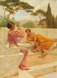 Classical Maidens by Lawrence Alma-Tadema, oil on canvas, in a decorative Victorian gilt corinthian column moulded frame,, sold Oct 2014