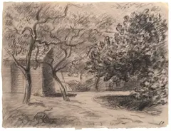The garden at Ardizzone's house, Rodmersham Green, Kent by Edward Ardizzone, black chalk on tinted paper, sold Sep 2014