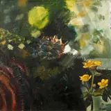 Abstract with yellow flowers by Sonia Lawson, oil on canvas, sold Sep 2014