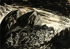 Figures ascending a mountain by Gilbert Ledward, black ink and watercolour, sold Sep 2014