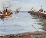 Norfolk Harbour scene by Rowland Fisher, oil on panel, offered Sep 2014