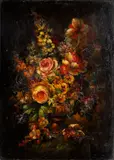 Still life of flowers in an urn by Continental School, oil on panel, sold Sep 2014