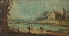 Figures in a river landscape with a farmhouse in the distance by Francesco Guardi, oil on paper laid down on panel, sold Sep 2014