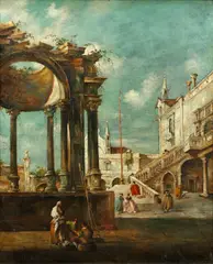 Elegant figures on steps in an Italian Courtyard with peasants chatting by a ruined Cupula - SENT TO OLD MASTERS DEPARTMENT IN LONDON FOR FURTHER RESEARCH by Giovanni Antonio Canaletto, oil on canvas, sold Sep 2014