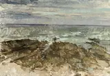 Coast of Northumberland by Peter Greenham, oil on canvas laid on board, sold Jul 2014