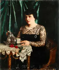 Afternoon Tea at the Midland Hotel, Manchester - a portrait of Rosie Levy by Charles Spencelayh, Rms, Hrbsa, oil on canvas, sold Jul 2014