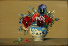 Pansies, Lobelia and other flowers in a Wedgwood jug by Laurence Biddle, oil on board, offered Jul 2014