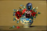 Pansies, Lobelia and other flowers in a Wedgwood jug by Laurence Biddle, oil on board, offered Jul 2014