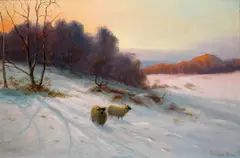 Sheep in winter landscape by Malcolm Fraser, oil on canvas, sold Jul 2014