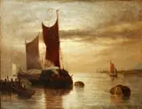 Moored barges in an estuary at sunset by G. Hall, oil on canvas, sold Jul 2014