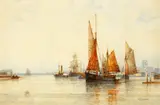 Busy shipping in a river estuary by Frederick J. Aldridge, watercolour, sold Jul 2014