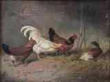 Hens and duck in a barn by Continental School, oil on canvas, offered Jul 2014