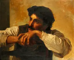 Man resting against a chair by Meyer, oil on canvas, offered Jul 2014