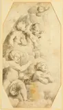 Five Putti on clouds, corners cut by Italian School, black chalk on paper, sold Jul 2014