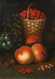 Peaches, grapes, currants and a basket of strawberries by William Jones Of Bath, oil on canvas, sold Jul 2014