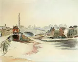 View along a river, possibly the Thames by Lucien Pissarro, watercolour and charcoal, sold May 2014