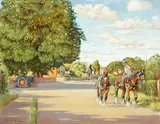 Plough horses on a village lane by Eric Meade-King, gouache, offered May 2014