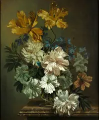 Tulips, peonies and convulvulus on a marble top by Bennett Oates, oil on board, sold May 2014