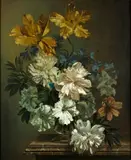 Tulips, peonies and convulvulus on a marble top by Bennett Oates, oil on board, sold May 2014