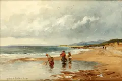 'At Llanaber, near Barmouth' - with shrimpers on the shore by David Bates, oil on canvas, offered May 2014