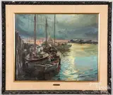 moonlight harbor scene by Stephen Juharos, oil on canvas, sold Sep 2021