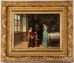 interior scene with three figures by Eduard Merk, oil on panel, sold May 2021