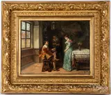 interior scene with three figures by Eduard Merk, oil on panel, sold May 2021
