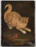 of a cat and bird by Jeanne Davies, oil on canvas, sold May 2021