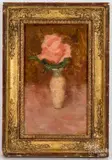 still life of a pink rose by Stuart Kaufman, oil on board, sold May 2021