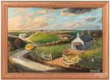 of a school bus picking up children along a winding road by Robert Dickson Long, oil on canvas, sold May 2021