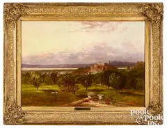 landscape with castle in rolling hills and rooftop in foreground by George Inness, oil on canvas, sold May 2021