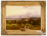 landscape with castle in rolling hills and rooftop in foreground by George Inness, oil on canvas, sold May 2021