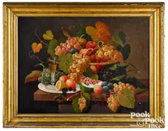 of fruit on top of a pier table by Severin Roesen, oil on canvas, sold May 2021