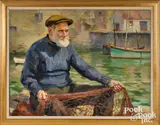 of fisherman with net by Isabel Cartwright, oil on canvas, sold May 2021